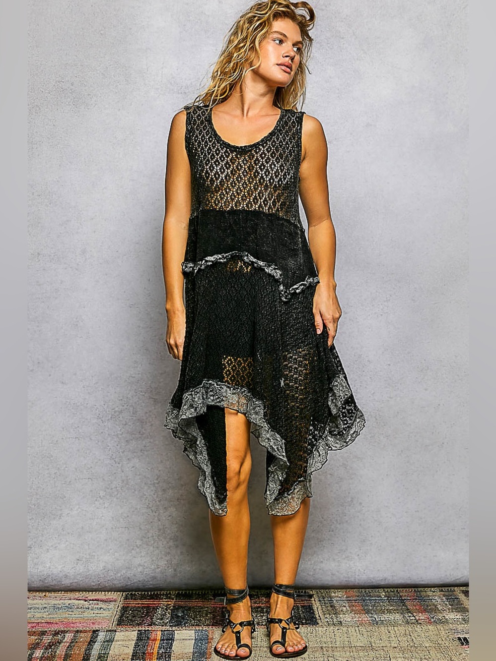 POL Texture Lace Ruffled Sleeveless Dress
